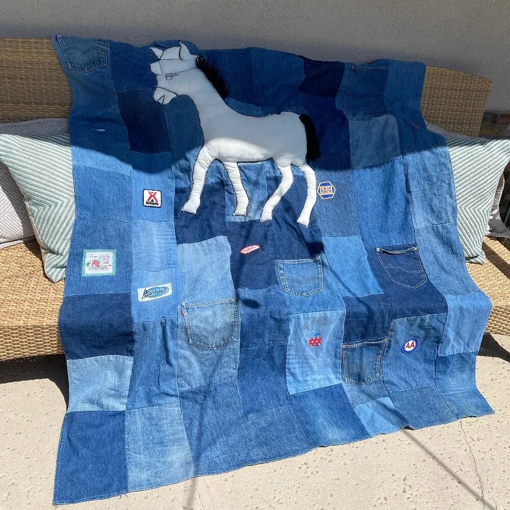 Vintage Denim Patchwork Horse Blanket 64x55.5 One of a Kind Art‎ Quilt